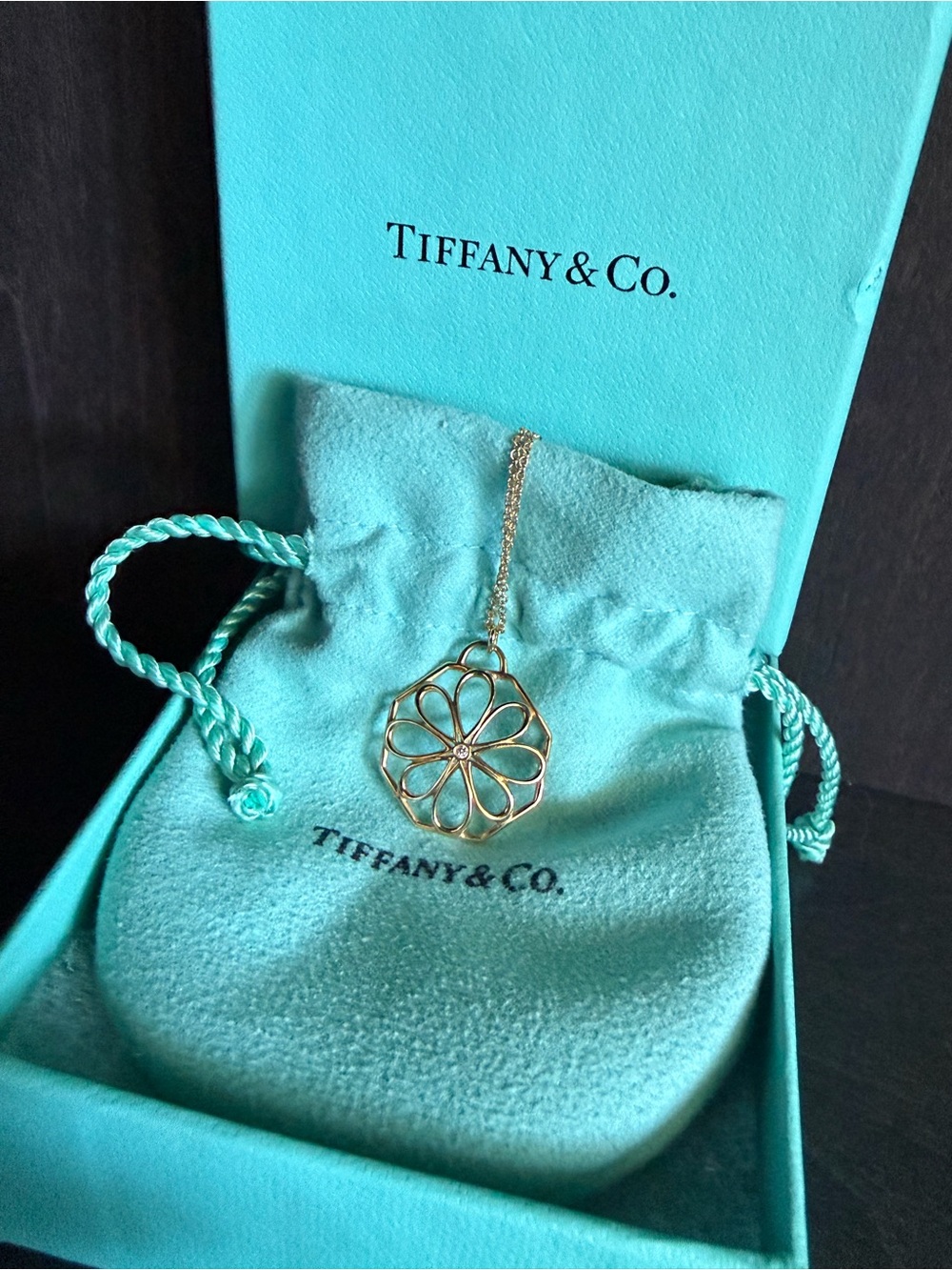 Tiffany & Co. 18K Gold Floral Pendant Necklace with Single Diamond, 20”